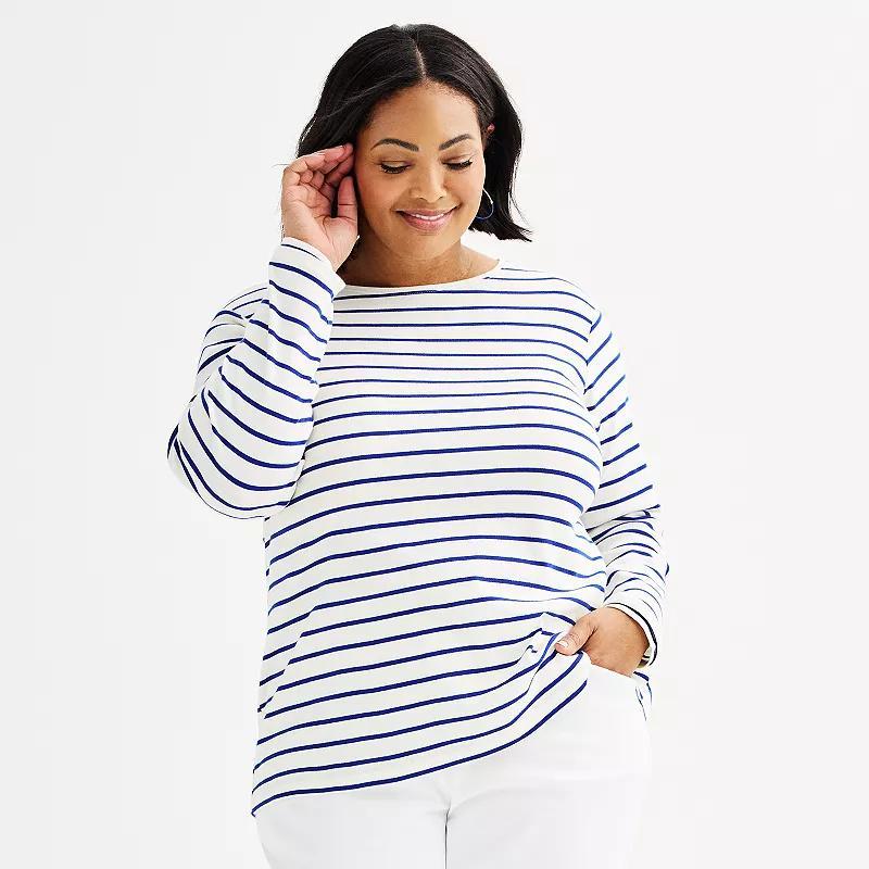 Plus Size Croft & Barrow® Essential Crewneck Long Sleeve Tee, Women's, Size: 3XL, Black Classy Stripe Product Image