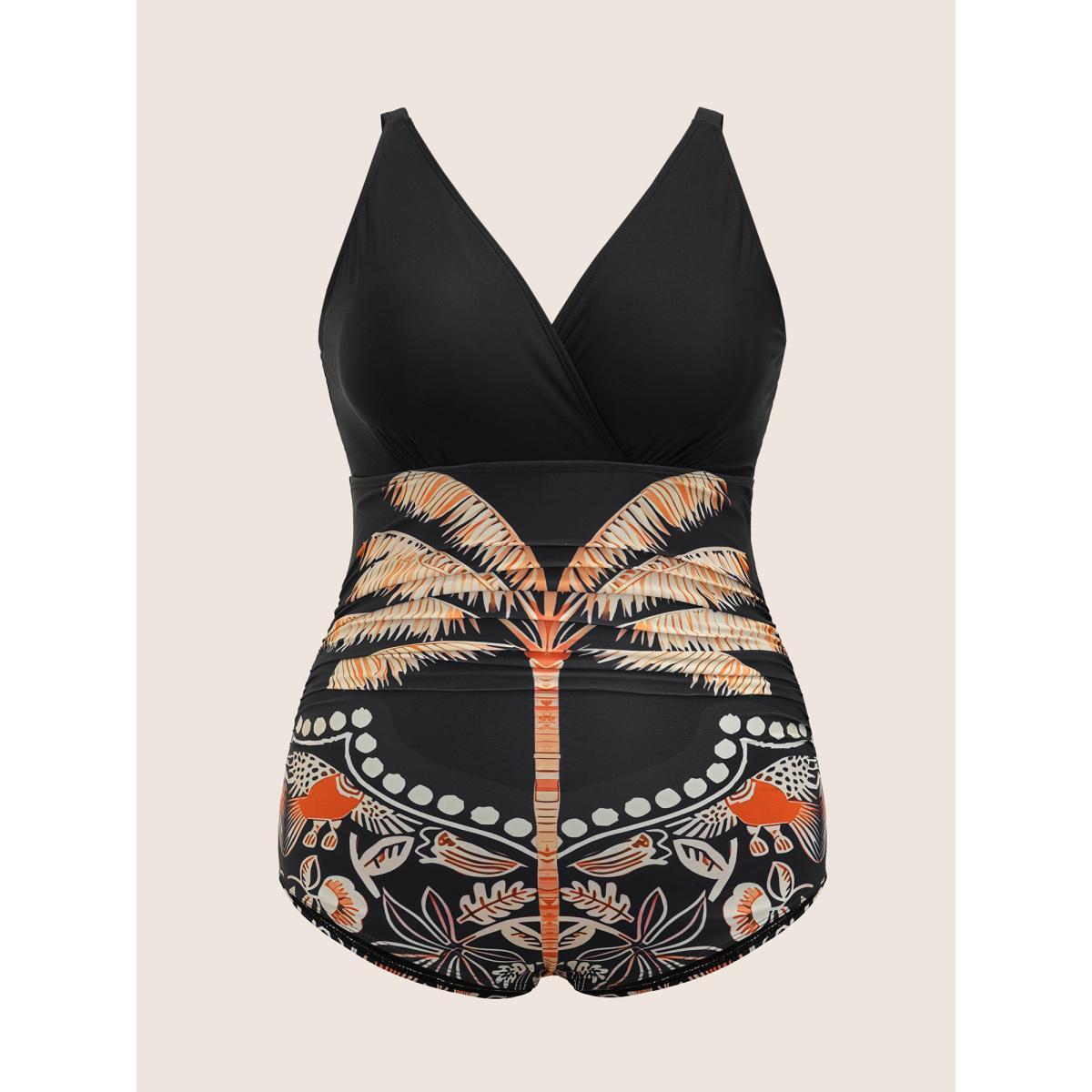 Plus Size Overlap Collar Tropical Print Gathered One Piece Swimsuit Women's Swimwear Black Beach Gathered Curve Bathing Suits High stretch One Pieces BloomChic 14-16/1X Product Image