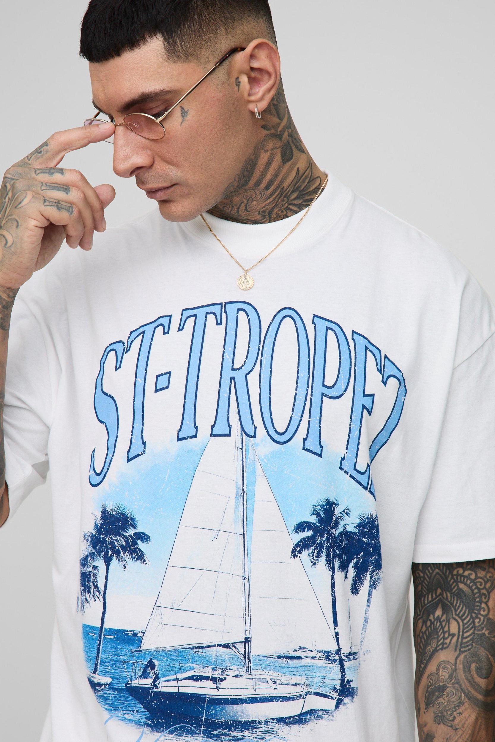 Tall Oversized Extended Neck St. Tropez Landscape Print T-Shirt | boohooMAN USA Product Image