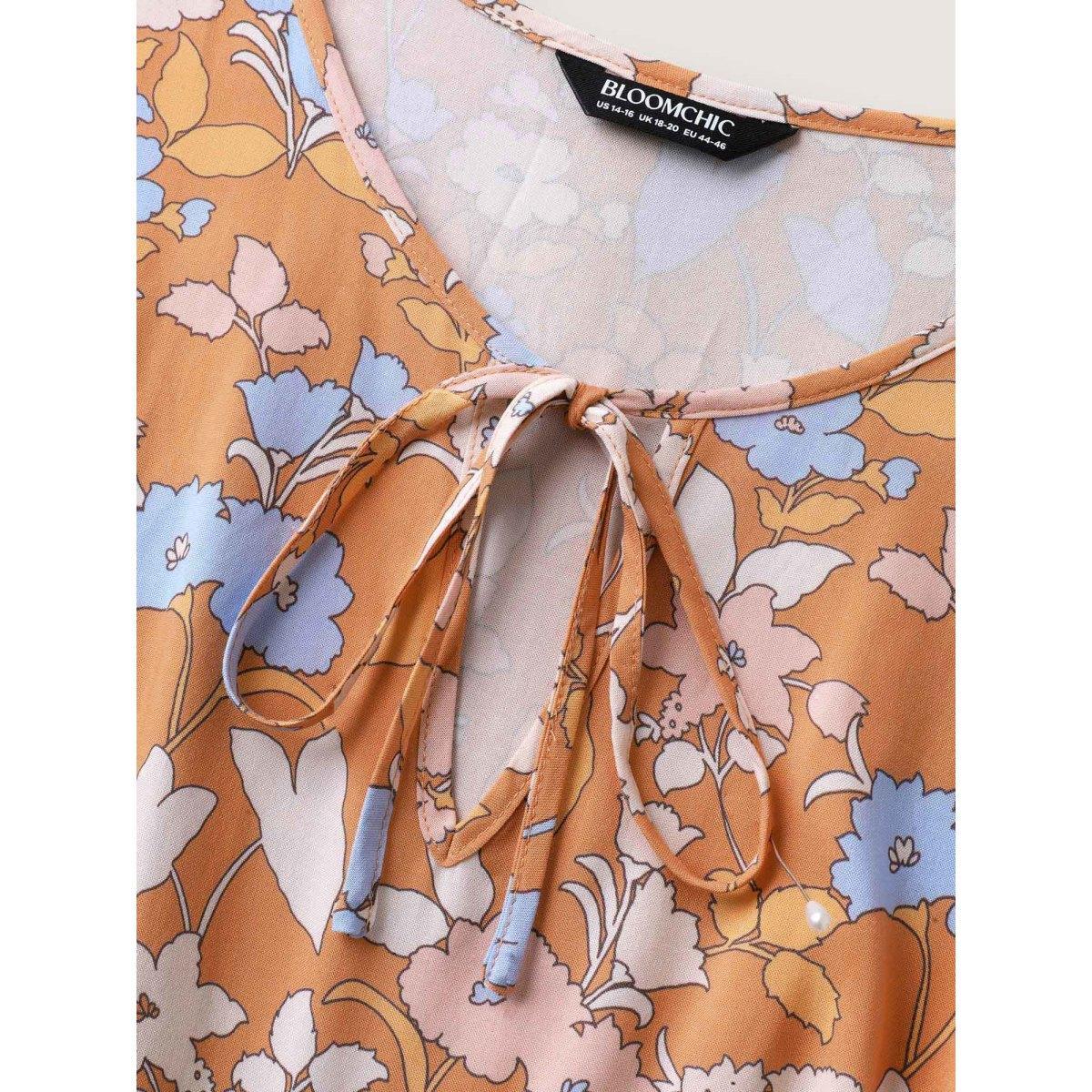Plus Size Rayon Floral Stretchy Waist Pockets Midi Dress Lightorange Women Notched collar Cap Sleeve Curvy BloomChic 12/L Product Image
