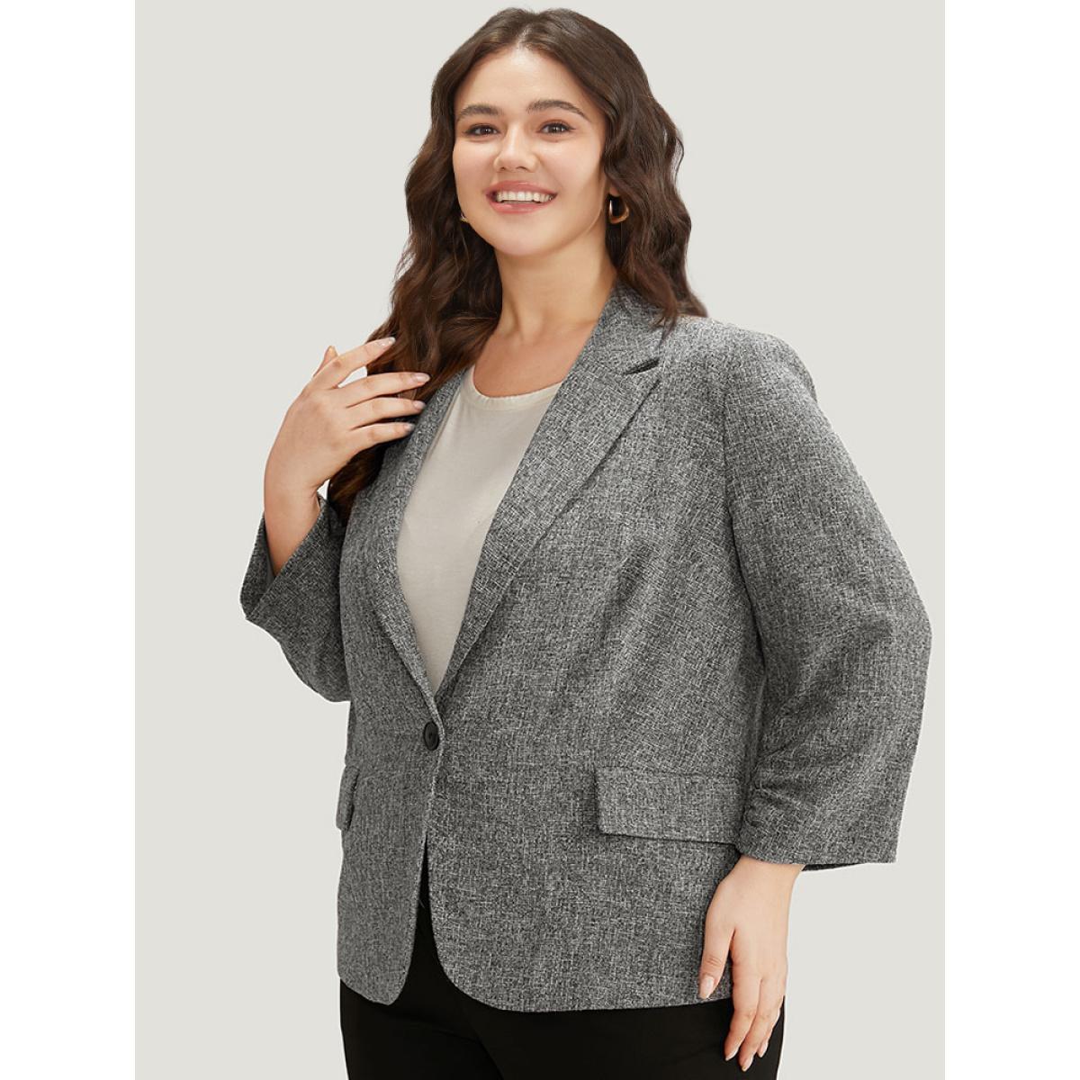 Plus Size Coarse Tweed Ruched Cuffs Flap Pocket Blazer DimGray Women Work Plain Texture Sleeve Long Sleeve Suit Collar 26/4X At the Office Blazers BloomChic Product Image