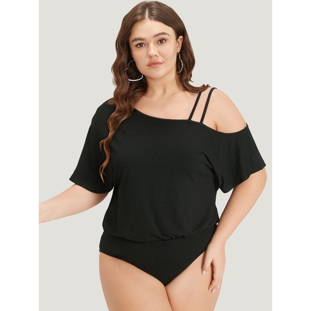 Plus Size Plain One Shoulder Batwing Sleeve Cami Bodysuit Women Black Plain One-shoulder Bodysuits BloomChic 26/4X Product Image