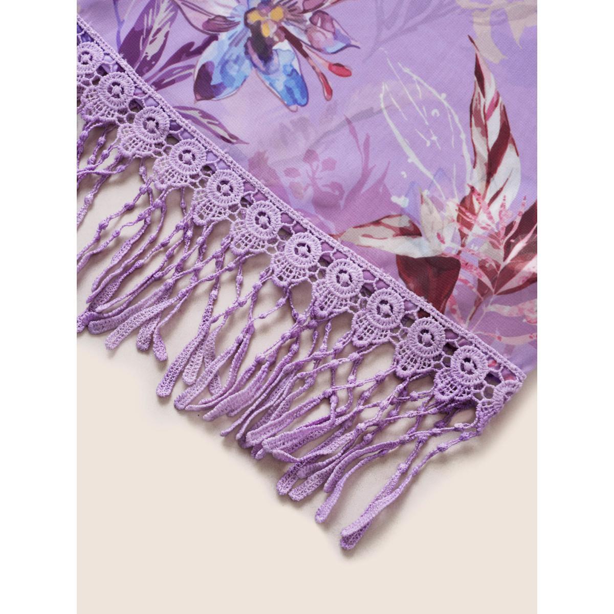 Plus Size Floral Lace Patchwork Mesh Tassels Trim Kimono Women Lilac Resort Woven ribbon&lace trim Vacation Kimonos BloomChic 22-24/3X Product Image