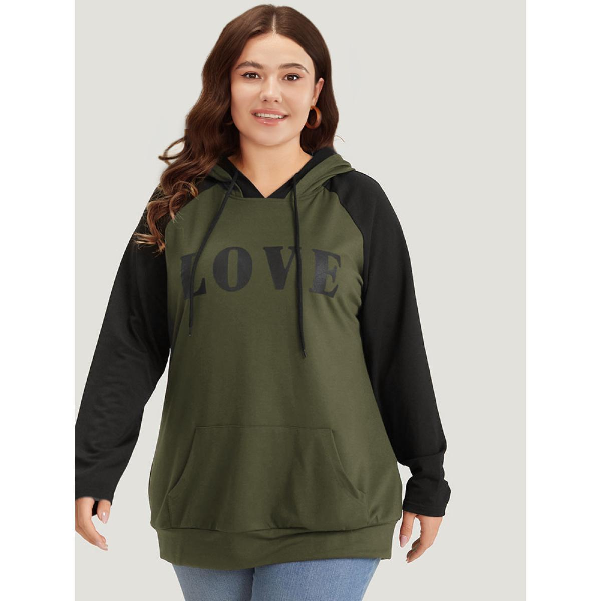 Plus Size Letter Print Contrast Hooded Pocket Drawstring Sweatshirt Women ArmyGreen Casual Elastic cuffs Dailywear Sweatshirts BloomChic 22-24/3X Product Image