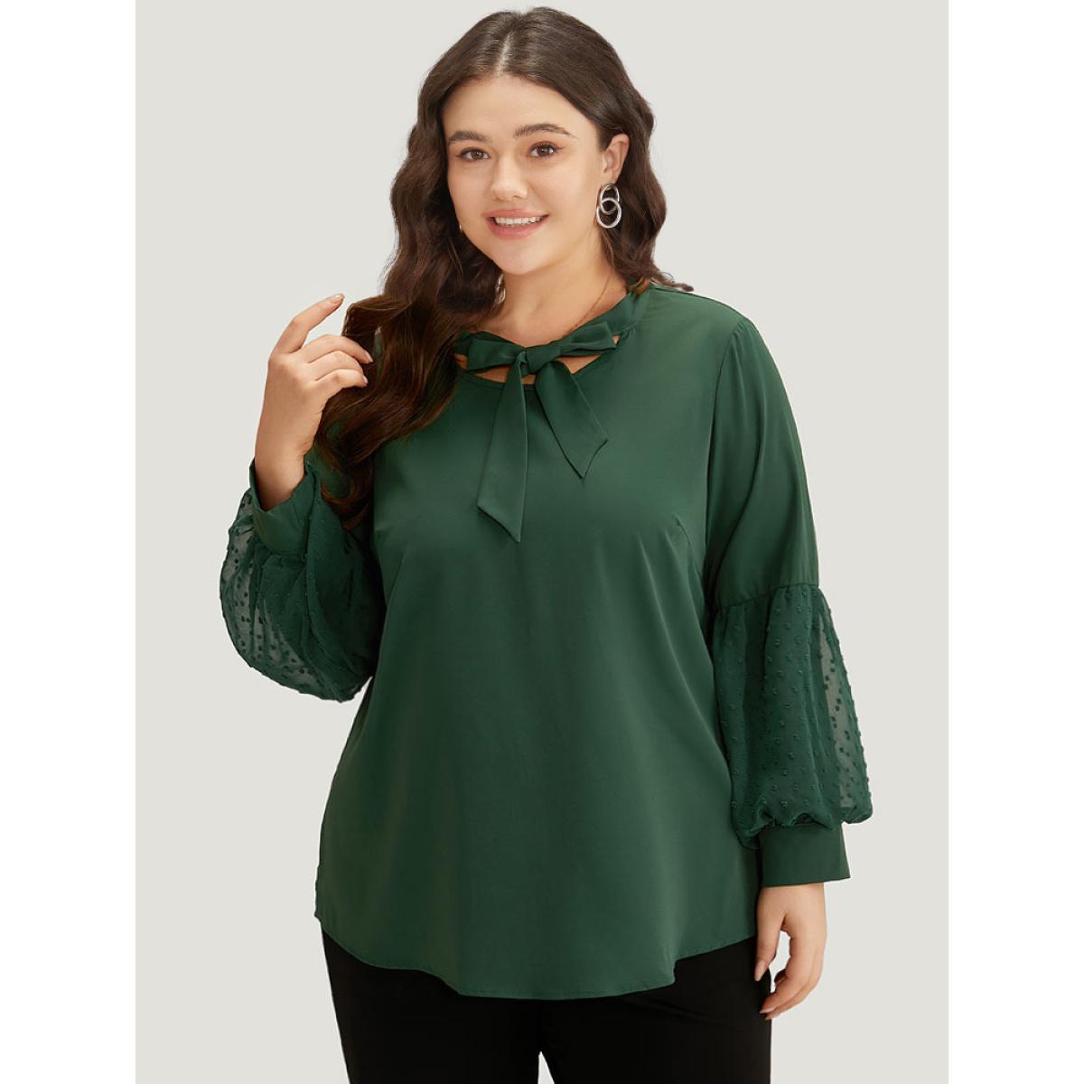 Plus Size DarkGreen Knot Neck Lace Patchwork Lantern Sleeve Blouse Women Office Long Sleeve Tie Neck Work Blouses BloomChic 28/5X Product Image