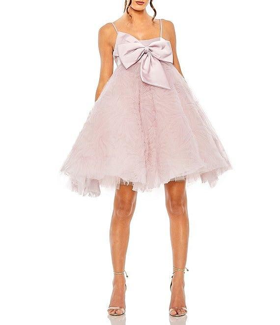Mac Duggal Bow Bodice Spaghetti Strap Sleeveless Tulle A-Line Mini Dress Product Image