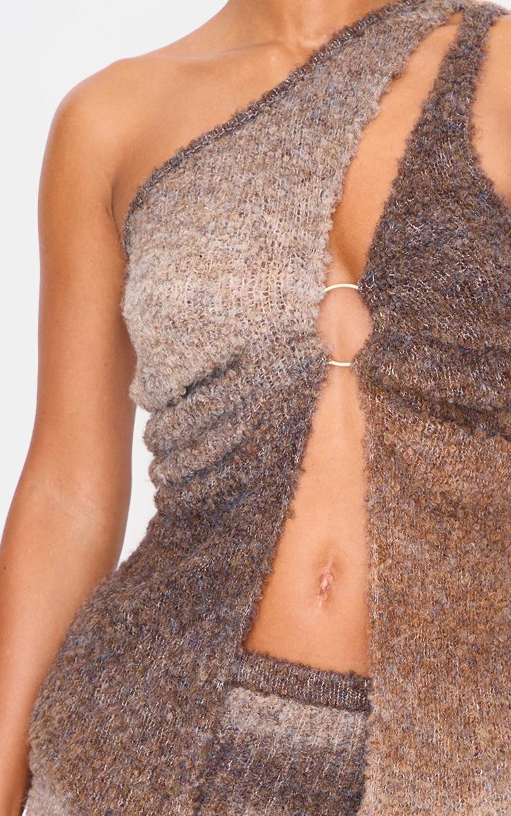 Mocha Stripe Textured Knit O Ring Asymmetric Cut Out Top Product Image