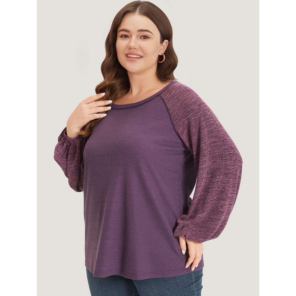 Plus Size Contrast Patchwork Heather Lantern Sleeve Sweatshirt Women Purple Casual Patchwork Round Neck Dailywear Sweatshirts BloomChic 12/L Product Image