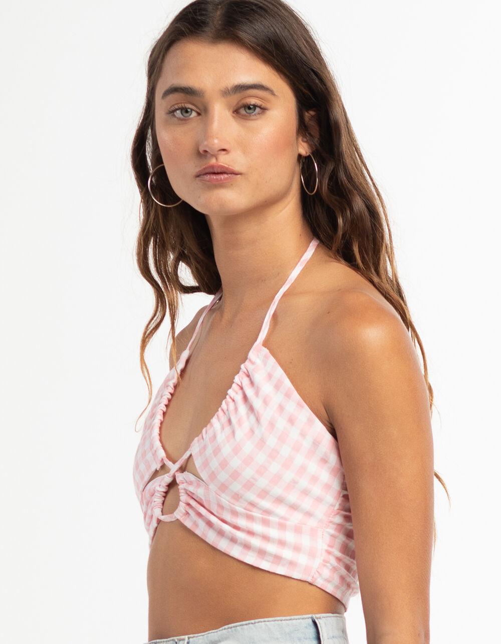 RSQ Womens Plaid Cross Front Halter Top  - PINK Product Image