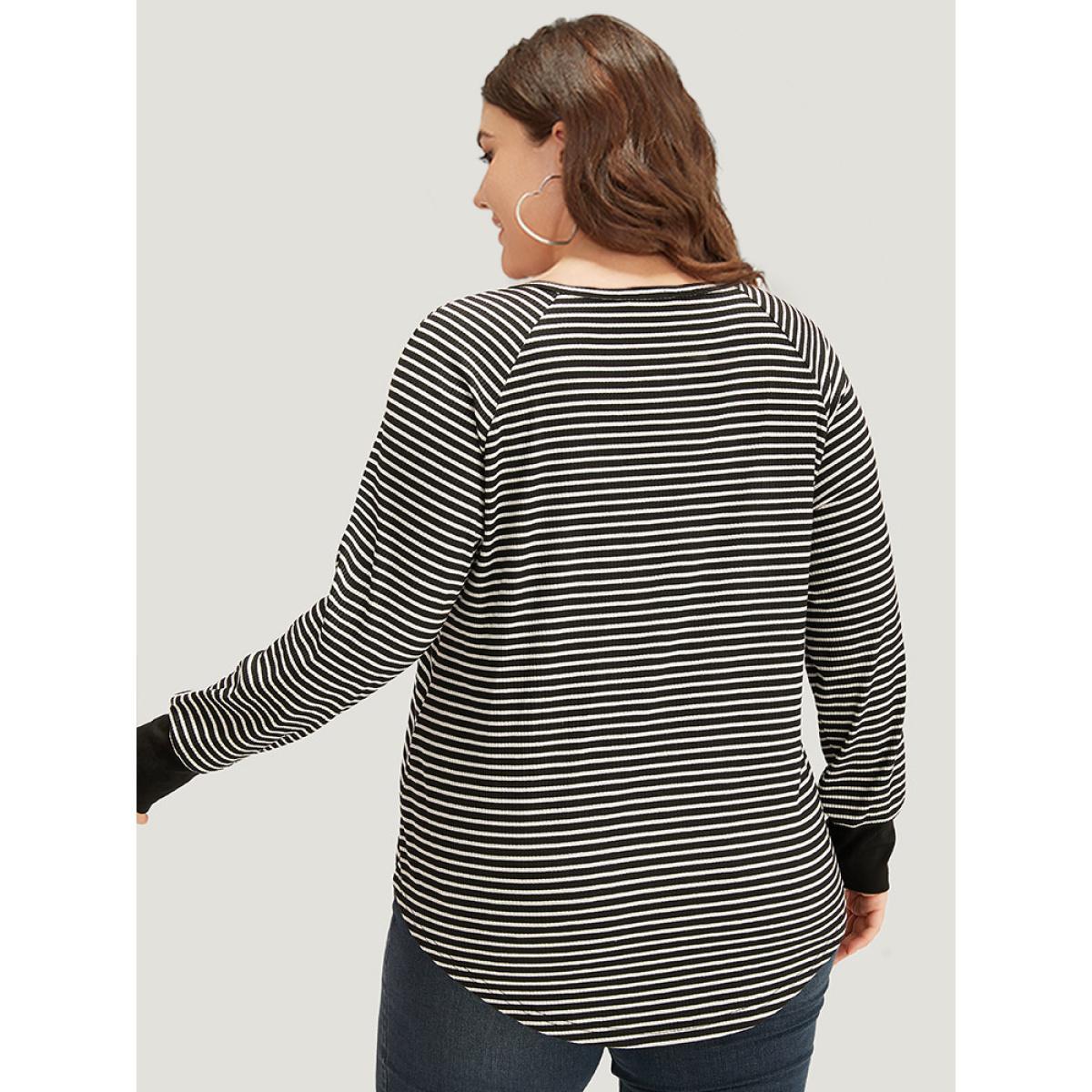 Plus Size Striped Button Up Curved Hem Patchwork T-shirt Black Women Casual Elastic cuffs Striped Open Front Dailywear T-shirts BloomChic 28/5X Product Image