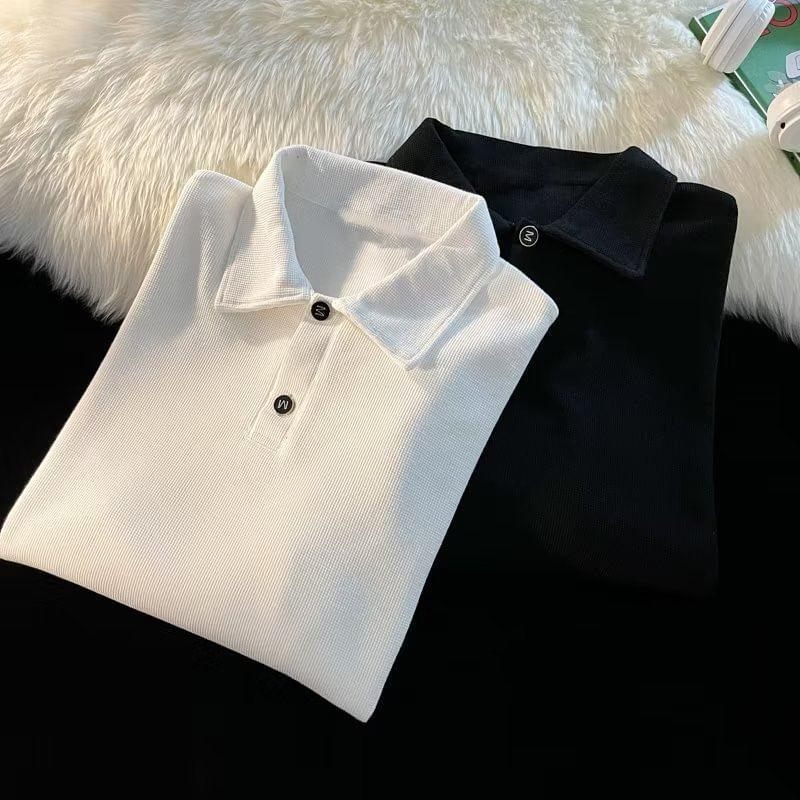 Long Sleeve Drop Shoulder Plain Polo Shirt Product Image