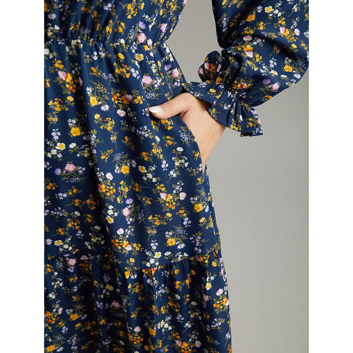 Plus Size Ditsy Floral Button Detail Ruffles Pocket Dress Navy Women Office Printed V-neck Long Sleeve Curvy Midi Dress BloomChic 28/5X Product Image