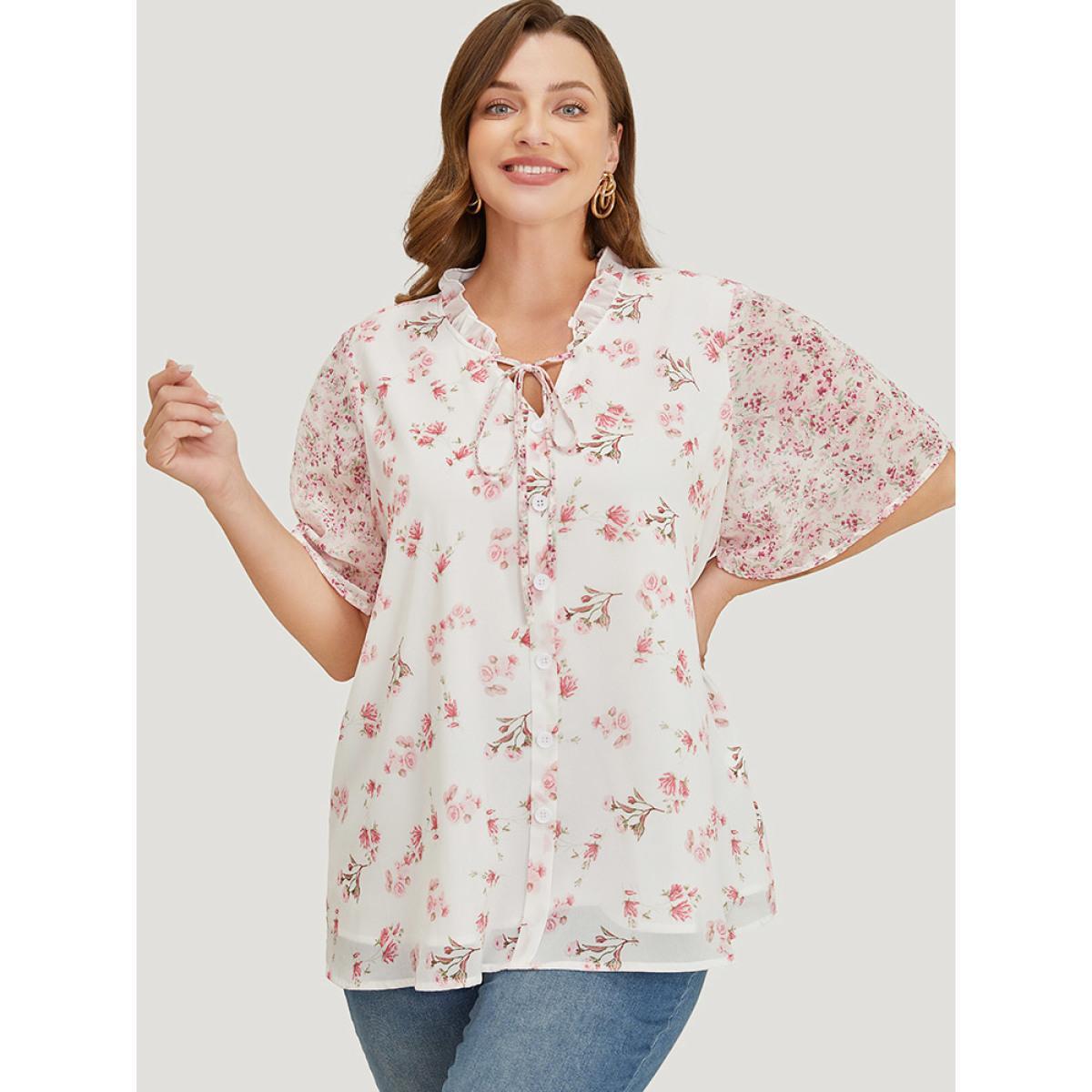 Plus Size Ivory Ditsy Floral Patchwork Frill Trim Tie Neck Blouse Women Elegant Short sleeve Tie Neck Dailywear Blouses BloomChic 30/6X Product Image