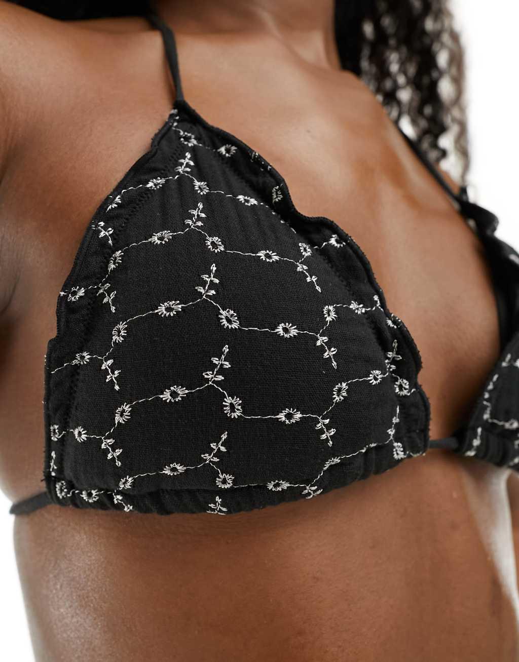 Stradivarius broderie bikini top in black - part of a set Product Image