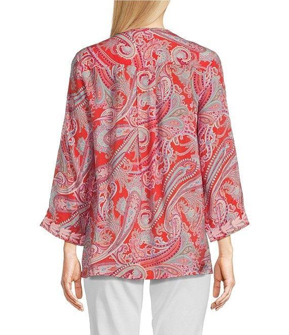 Calessa Woven Embroidered Printed Split V-Neck Wrist Length Sleeve Tunic Product Image