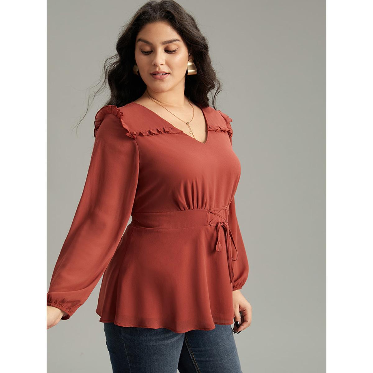Plus Size Rust Chiffon Lace Up Shirred Frill Trim Blouse Women Office Long Sleeve V-neck Work Blouses BloomChic 28/5X Product Image