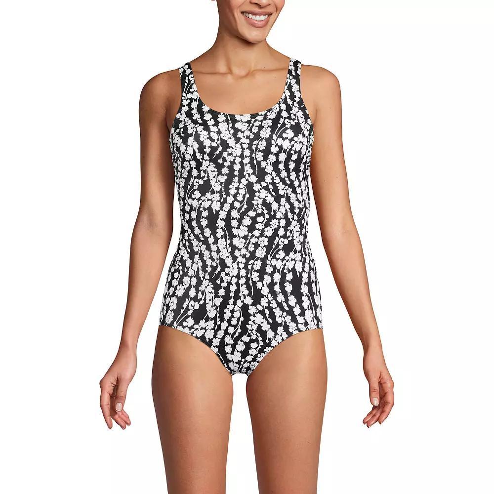 Women's Lands' End D-Cup Chlorine-Resistant Tugless Sporty One-Piece Swimsuit, Size: 12D, Black White Floral Product Image
