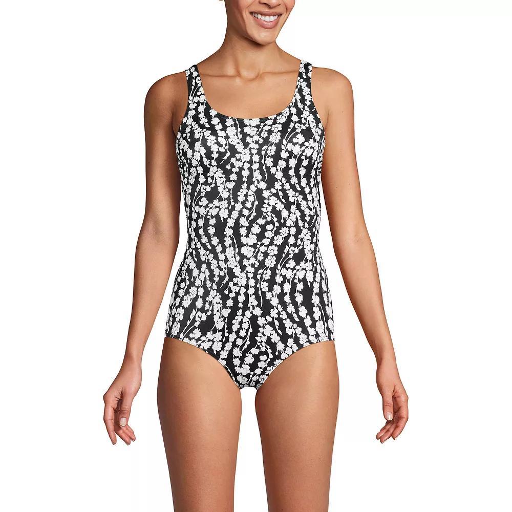 Women's Lands' End D-Cup Chlorine-Resistant Tugless Sporty One-Piece Swimsuit, Size: 12D, Black White Floral Product Image