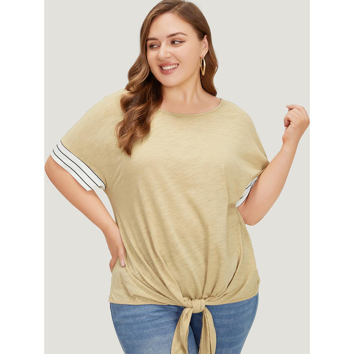 Plus Size Striped Patchwork Knotted Hem Heather T-shirt LightBrown Women Casual Heather Striped Round Neck Dailywear T-shirts BloomChic 30/6X Product Image