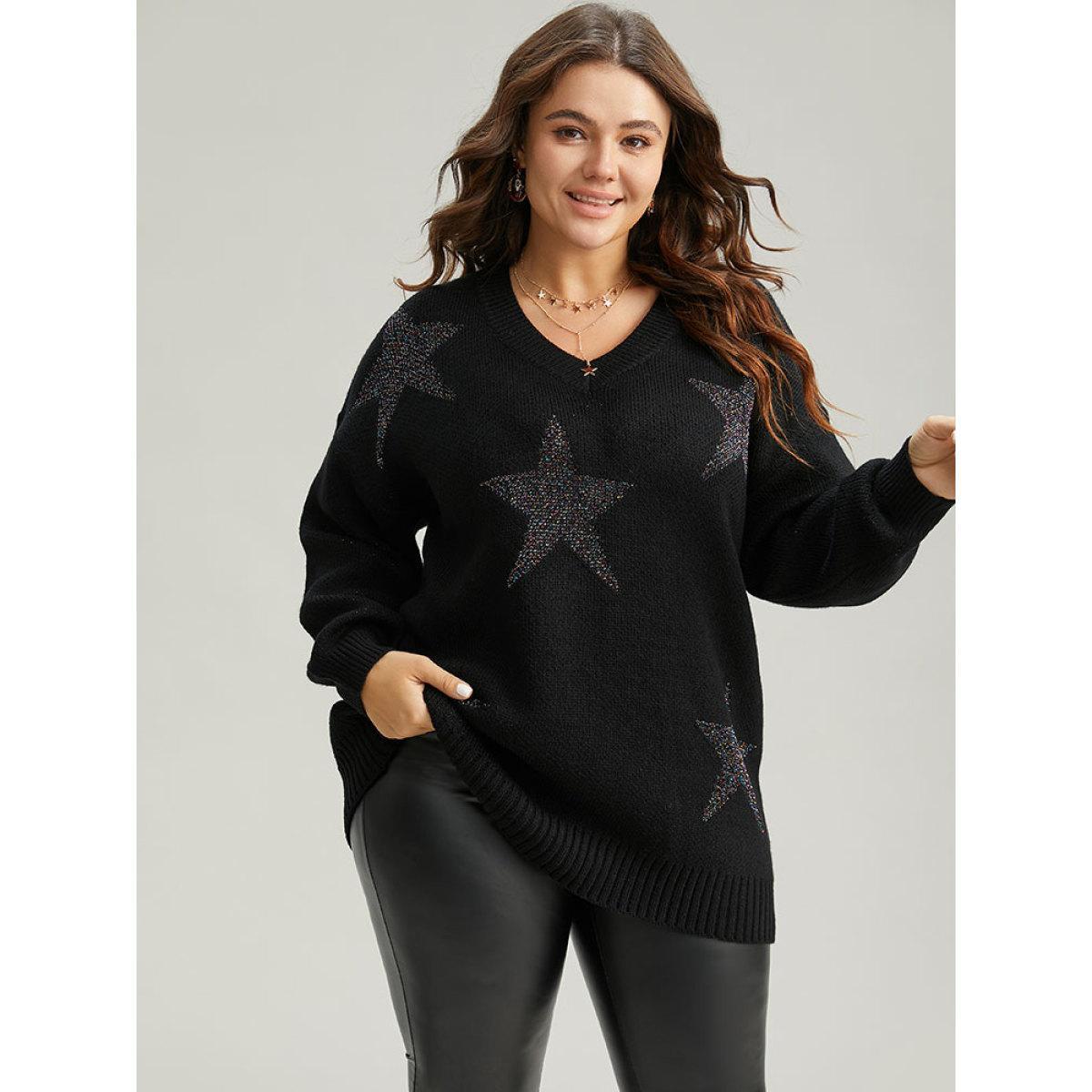 Plus Size V Neck Plain Star Luxe Pullover Black Women Casual Loose Long Sleeve V-neck Dailywear Pullovers BloomChic 18-20/2X Product Image