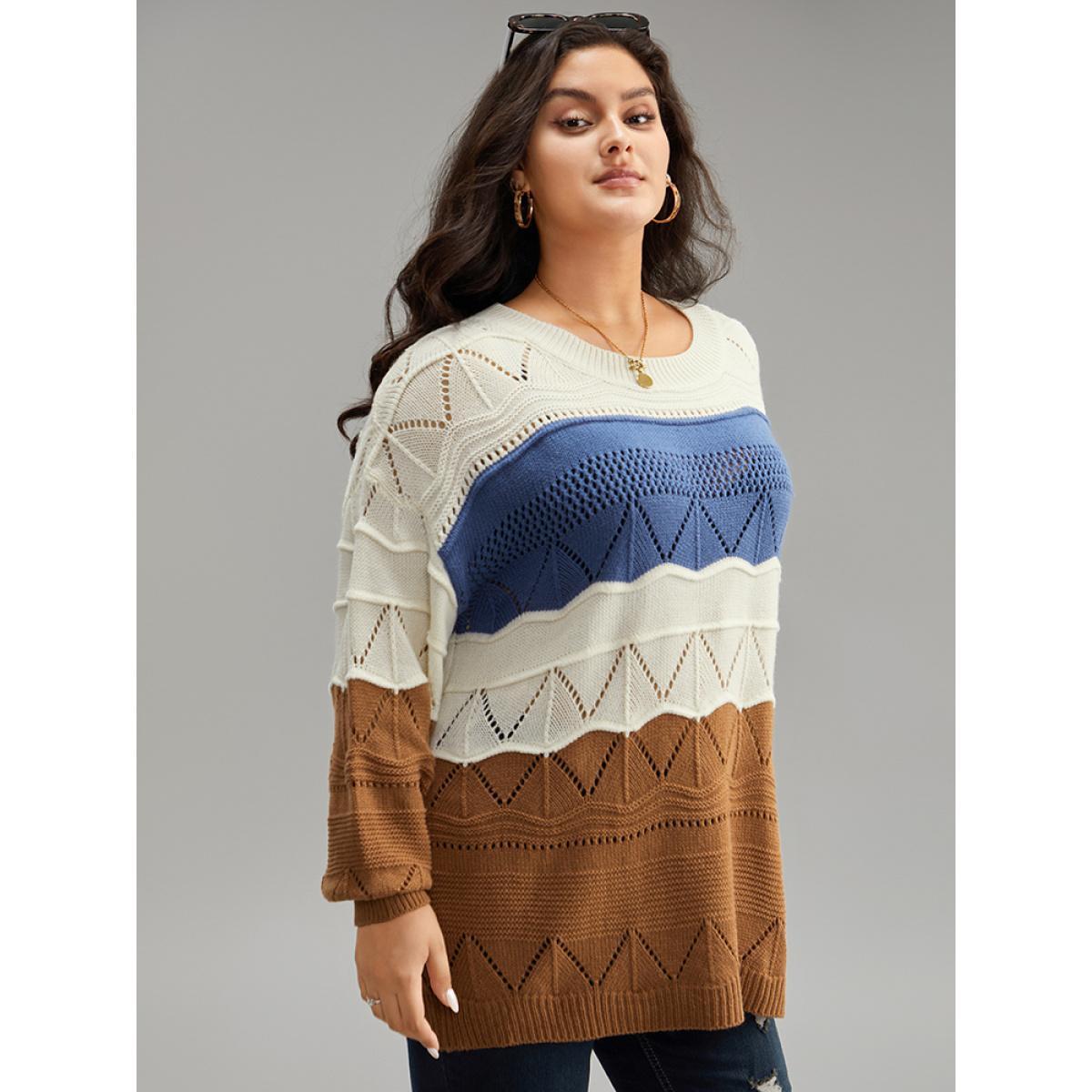Plus Size Contrast Eyelet Patchwork Elastic Cuffs Pullover Multicolor Women Casual Loose Long Sleeve Round Neck Dailywear Pullovers BloomChic 22-24/3X Product Image