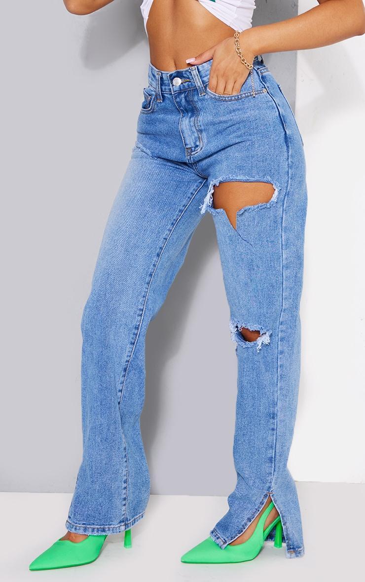 Petite Mid Blue Wash Ripped Split Hem Jeans Product Image