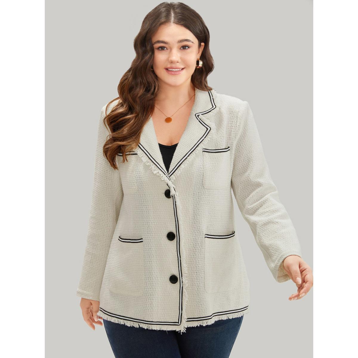 Plus Size Lapel Collar Tweed Contrast Fuzzy Trim Blazer White Women Work Plain Texture Sleeve Long Sleeve Lapel Collar 26/4X Pocket Office Blazers BloomChic Product Image