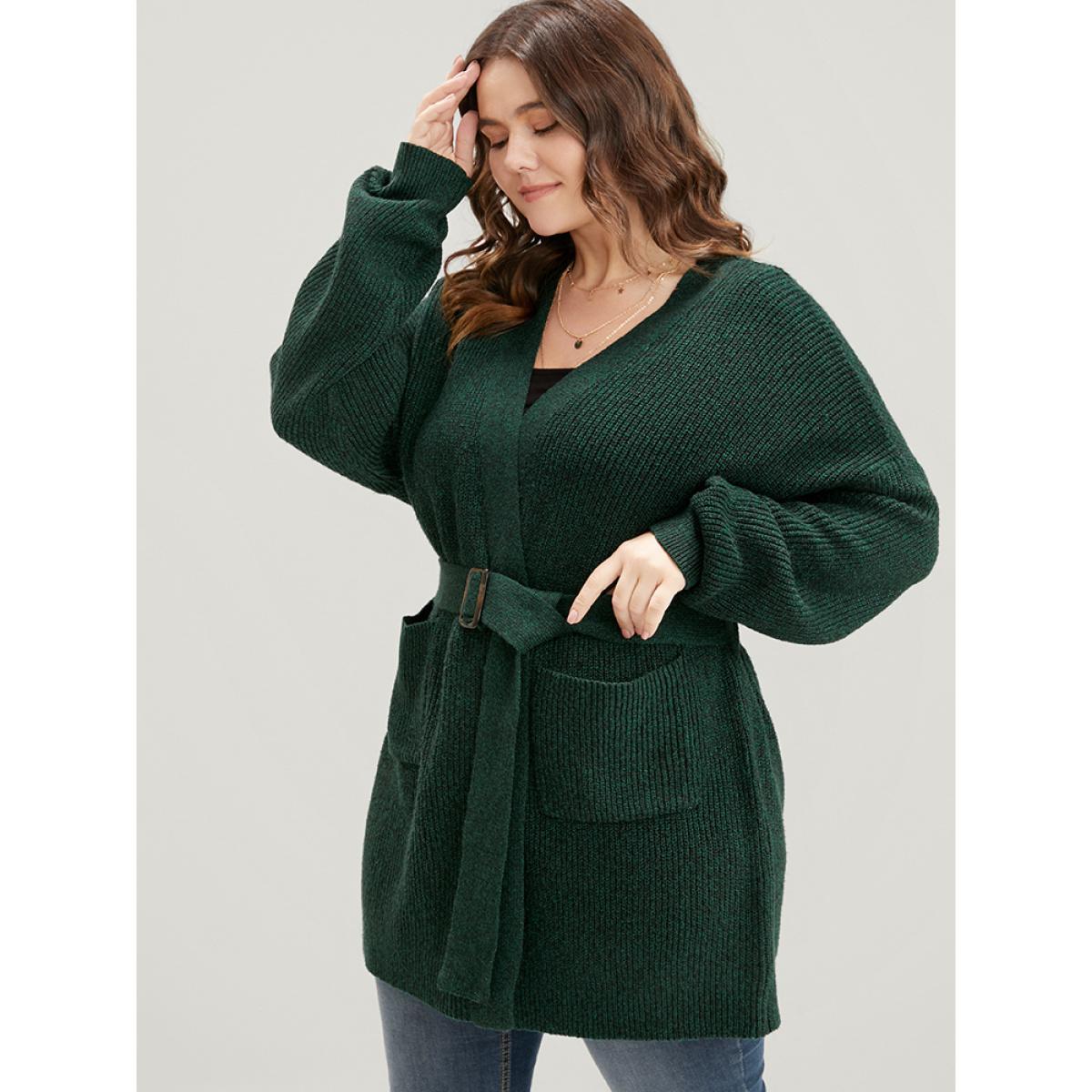 Plus Size Soft Pointelle Knit Pocket Belted Open Front Cardigan Cyan Women Casual Loose Long Sleeve Dailywear Cardigans BloomChic 10/M Product Image