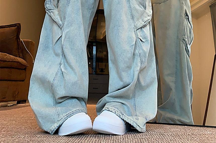 Mid Waist Washed Wide Leg Cargo Jeans Product Image