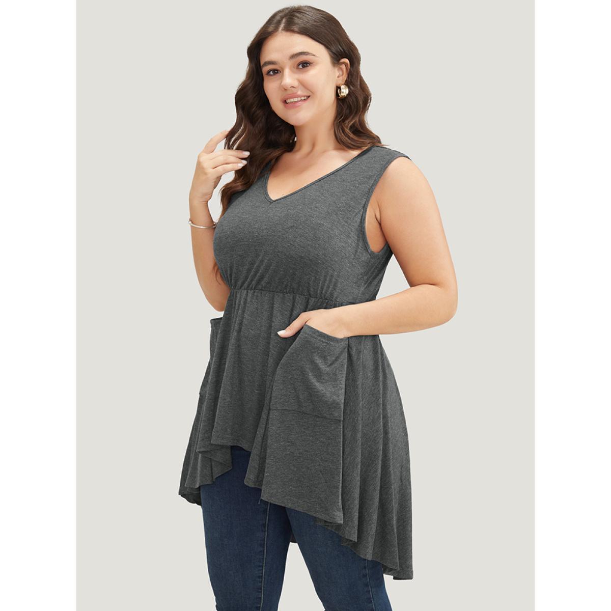 Plus Size Plain Ruffle Pocket High Low Hem Tank Top Women DarkGray Elegant Ruffles V-neck Dailywear Tank Tops Camis BloomChic 12/L Product Image