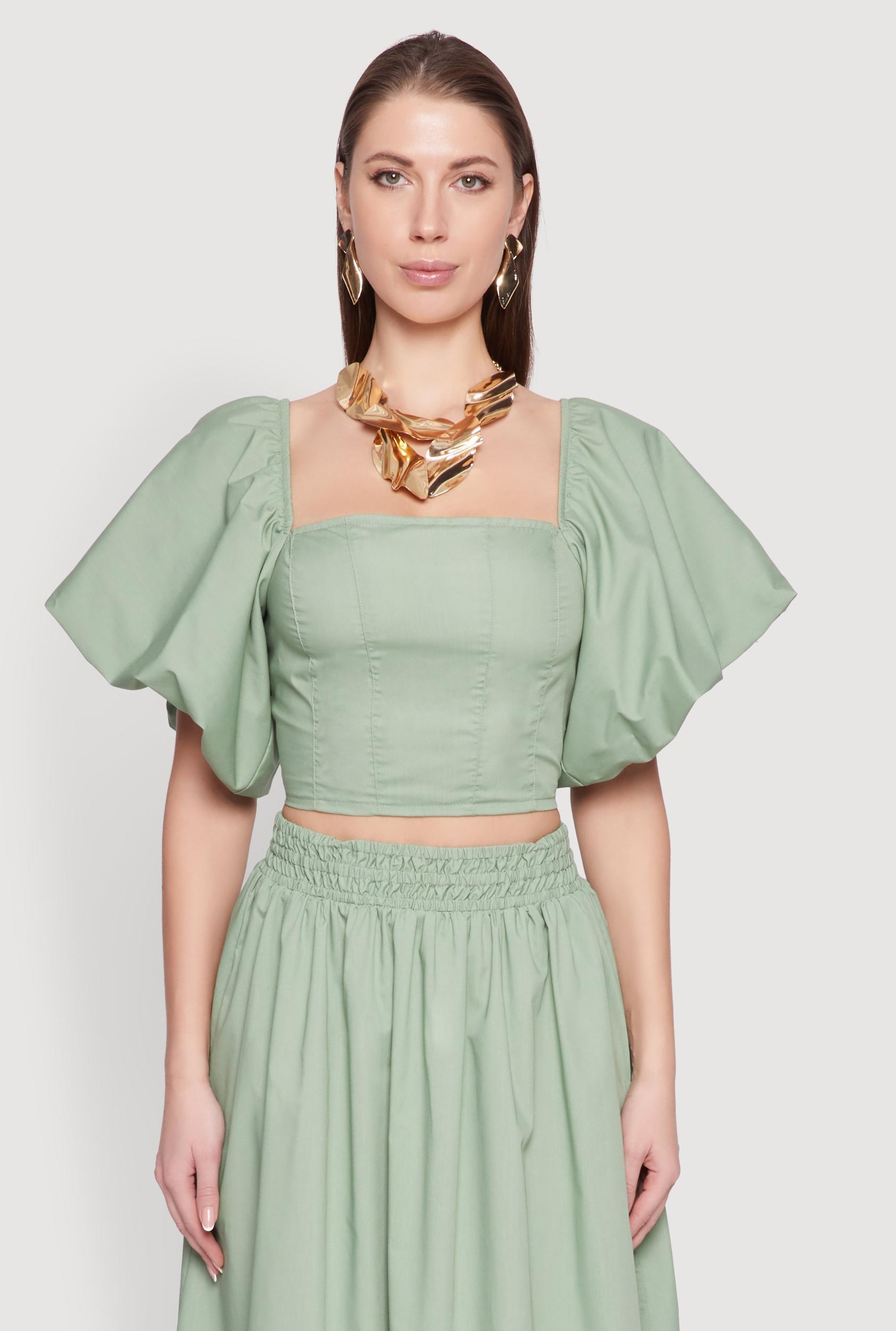 Womens Poplin Puff Sleeve Corset Crop Top Product Image
