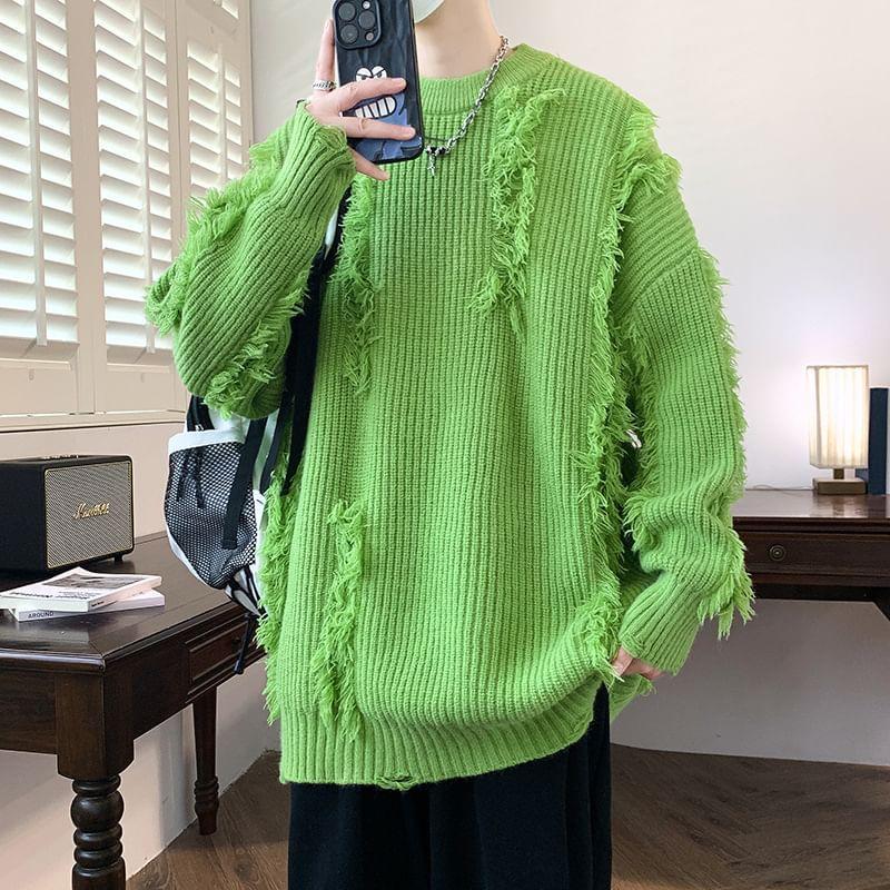 Round Neck Plain Fringed Distressed Ribbed Sweater Product Image