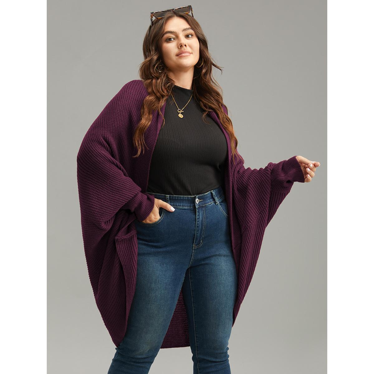 Plus Size Solid Dolman Sleeve Arc Hem Cardigan Burgundy Women Casual Loose Long Sleeve Dailywear Cardigans BloomChic 26/4X Product Image