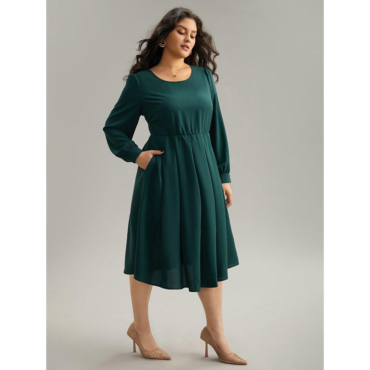 Plus Size Static-Free Plain Pleated Pocket Dress DarkGreen Women Elegant Plain Round Neck Long Sleeve Curvy Midi Dress BloomChic 10/M Product Image