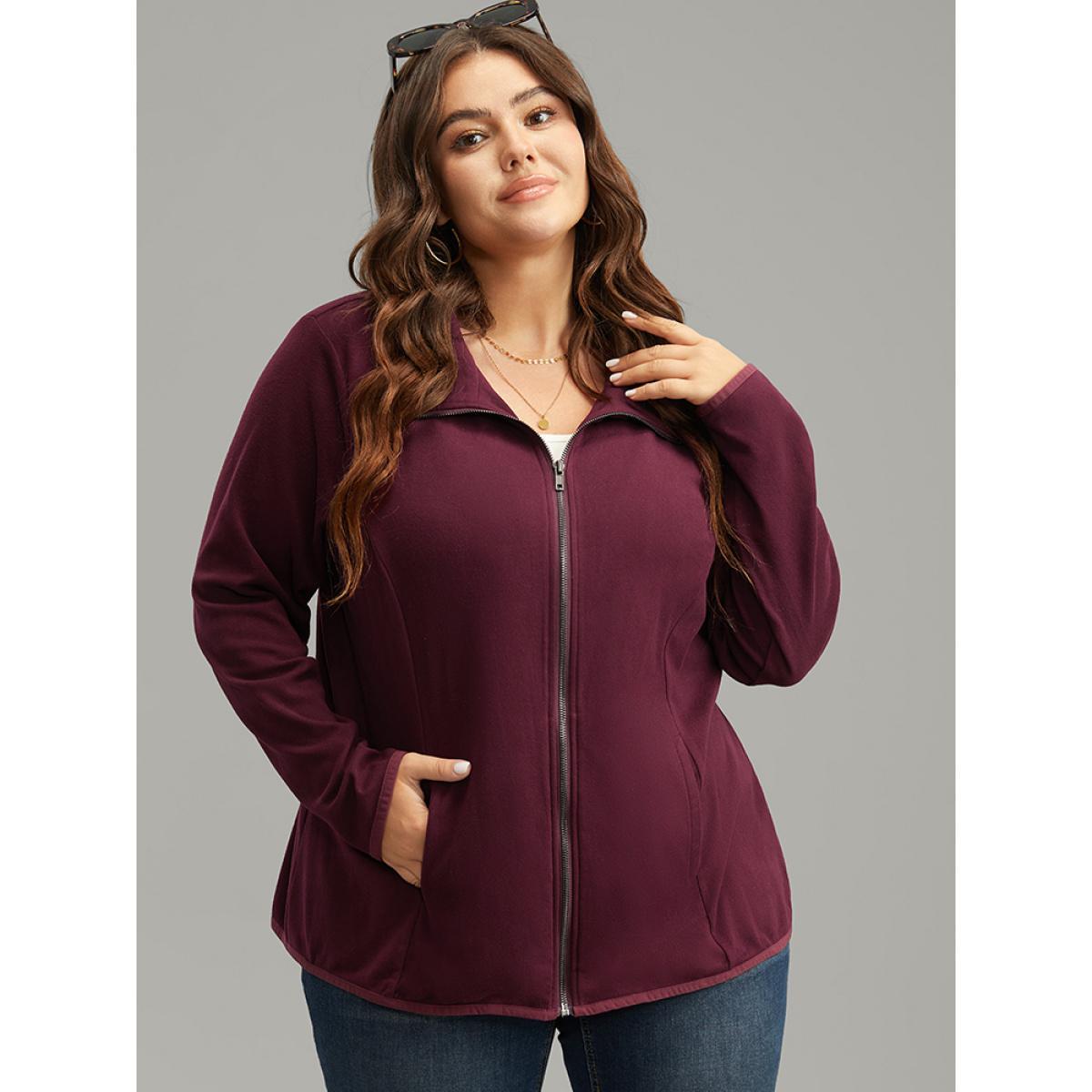Plus Size Plain Zipper Fly Lapel Collar Jacket Women Burgundy Plain Pocket Dailywear Jackets BloomChic 26/4X Product Image