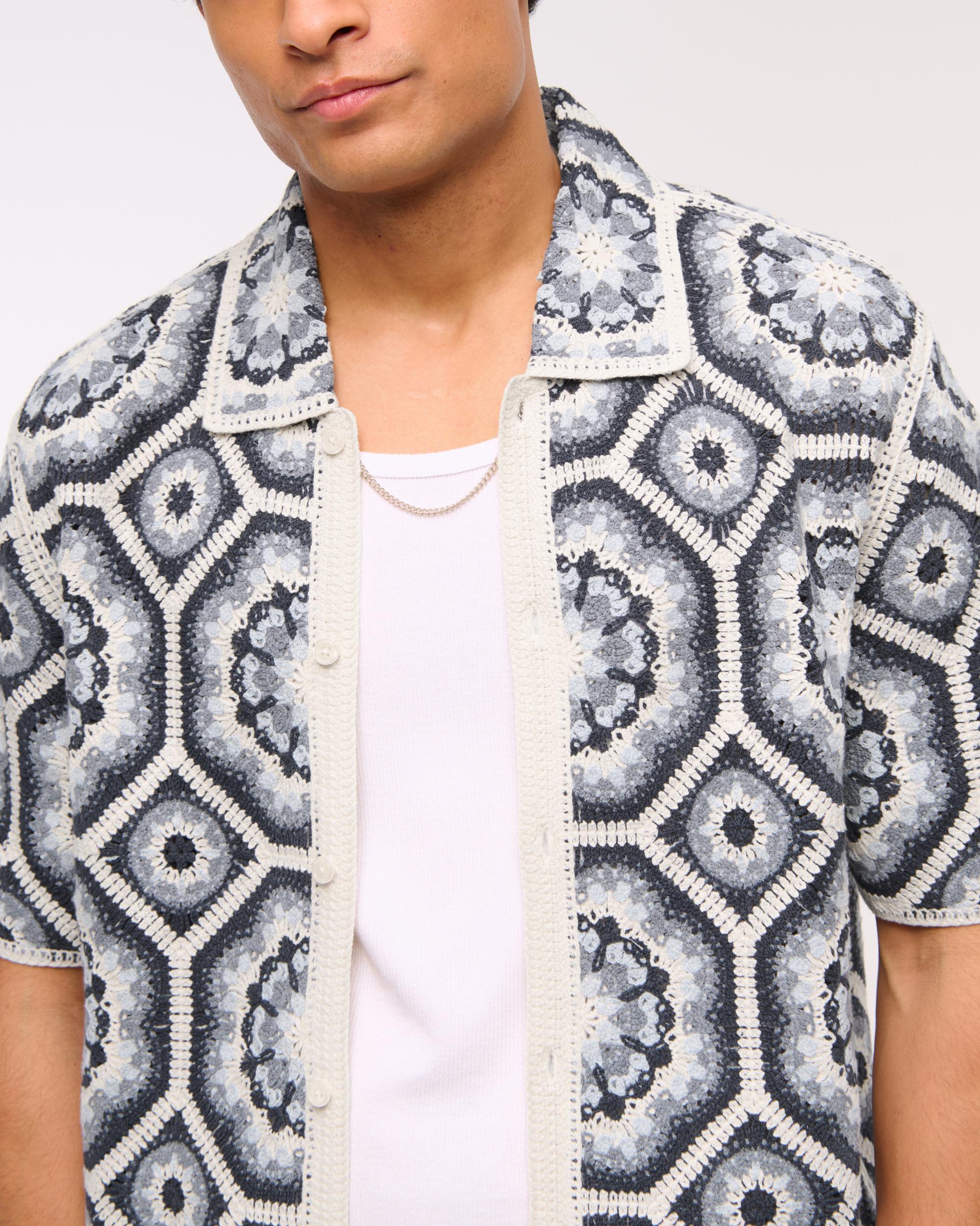 Crochet-Style Border Stripe Button-Through Sweater Polo Product Image