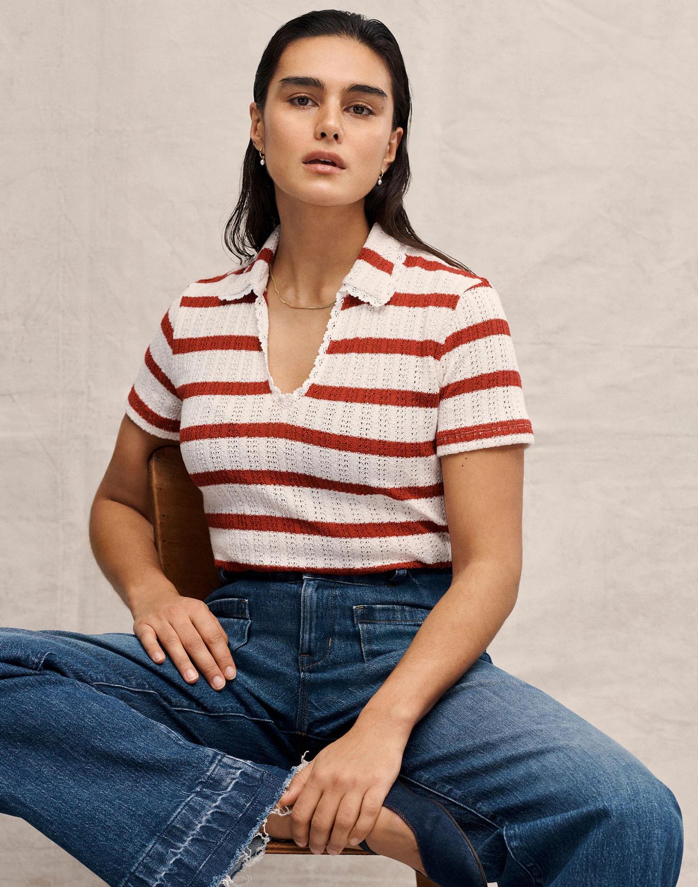 Crochet-Knit V-Neck Sweater Tee Product Image