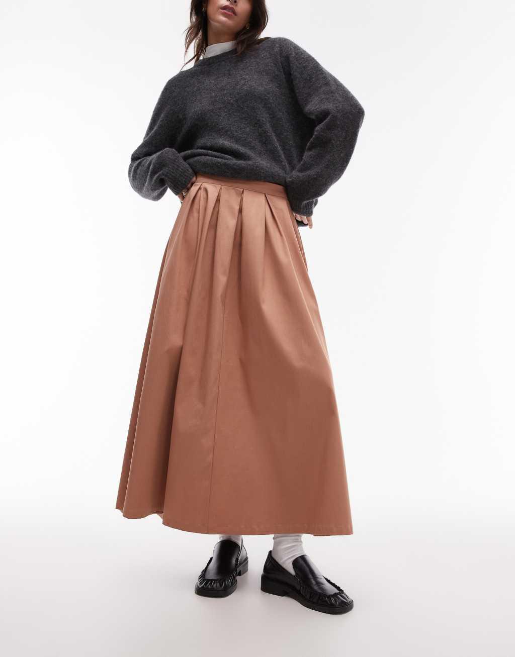 Topshop cotton wide circle skirt in camel Product Image