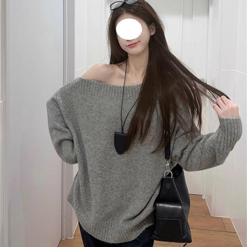 Off-Shoulder Plain Sweater Product Image
