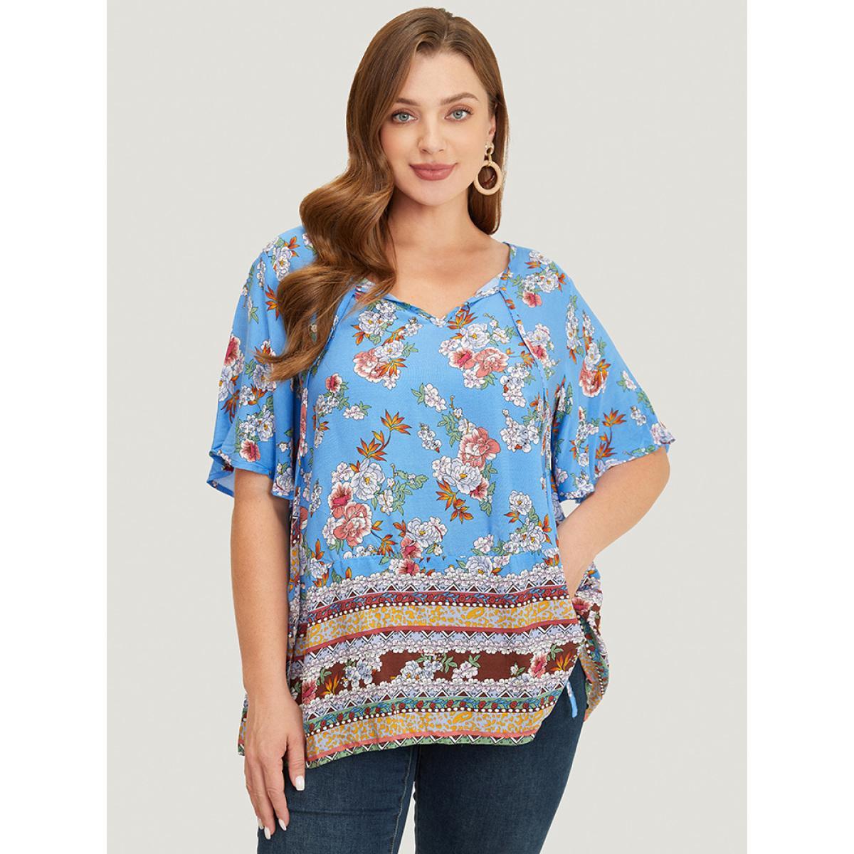 Plus Size Cerulean Bandana Flutter Sleeve Tie Neck Cut Out Blouse Women Vacation Short sleeve V-neck Dailywear Blouses BloomChic 26/4X Product Image