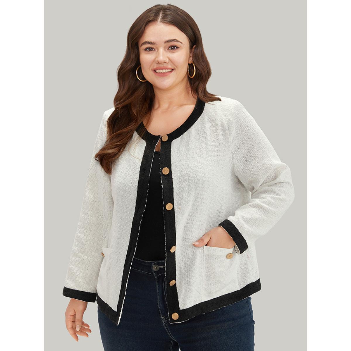 Plus Size Two Tone Tweed Buckle Detail Pocket Blazer White Women Work Plain Texture Sleeve Long Sleeve Round Neck 12/L Pocket Work From Home Blazers BloomChic Product Image