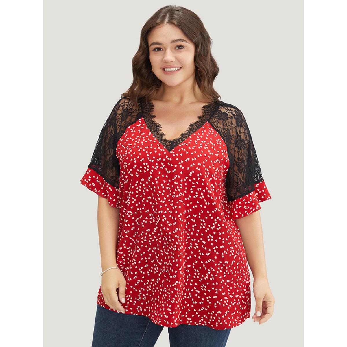 Plus Size Scarlet Heart Print Contrast Lace Ruffle Sleeve Blouse Women Elegant Half Sleeve V-neck Dailywear Blouses BloomChic 18-20/2X Product Image