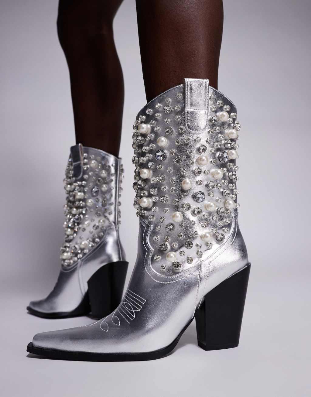 Azalea Wang Dylan embellished western boots in silver Product Image