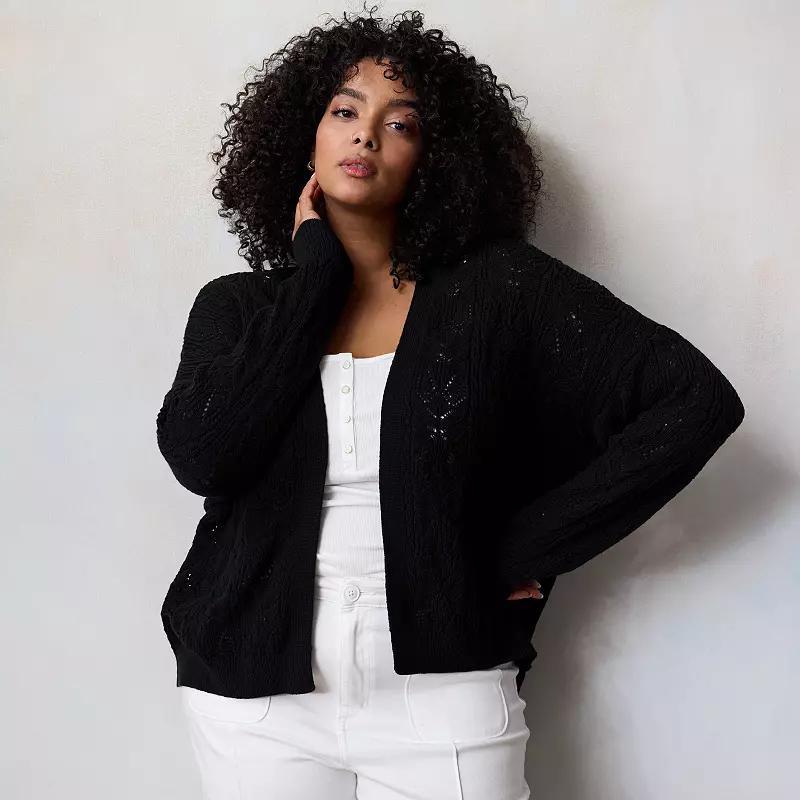 Plus Size LC Lauren Conrad Open Front Pointelle Stitch Cardigan, Women's, Size: 0X, Blue Water Product Image