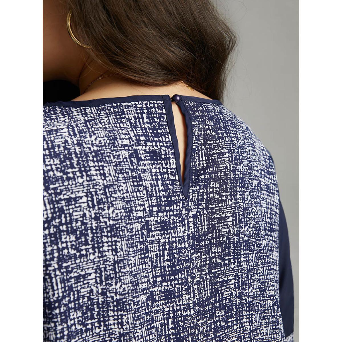 Plus Size DarkBlue Patchwork Crew Neck Ruffle Sleeve Blouse Women Vacation Long Sleeve Round Neck Dailywear Blouses BloomChic 10/M Product Image