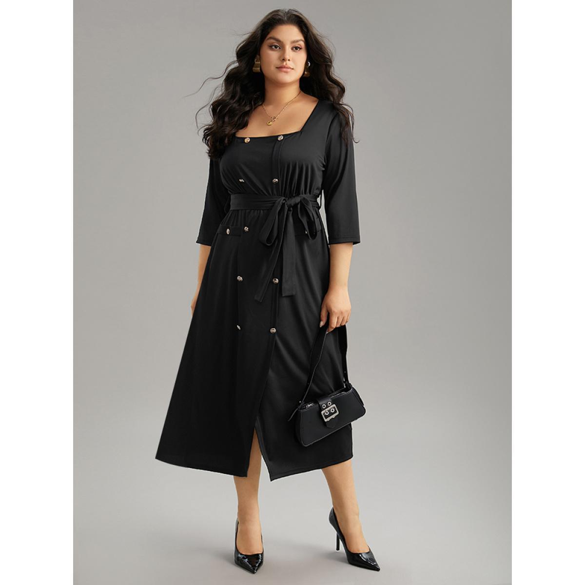 Plus Size Square Neck Metal Detail Belted Gathered Dress Black Women Office Plain Square Neck Elbow-length sleeve Curvy Midi Dress BloomChic 18-20/2X Product Image