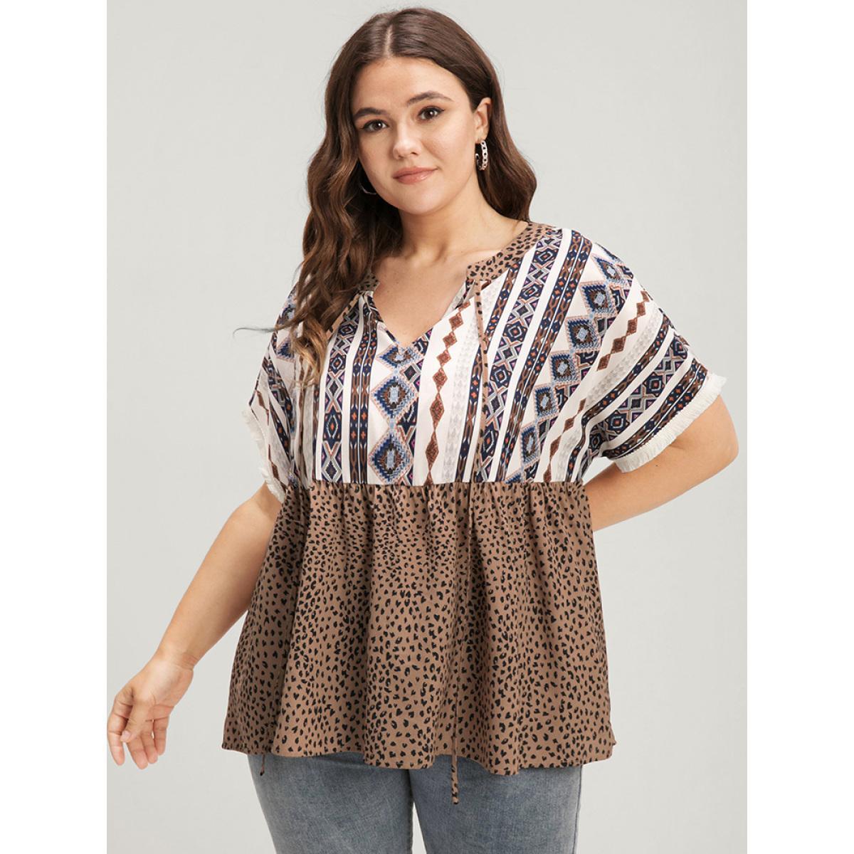 Plus Size DarkBrown Leopard Geometric Contrast Elastic Waist Ties Neck Blouse Women Vacation Short sleeve V-neck Dailywear Blouses BloomChic 14-16/1X Product Image