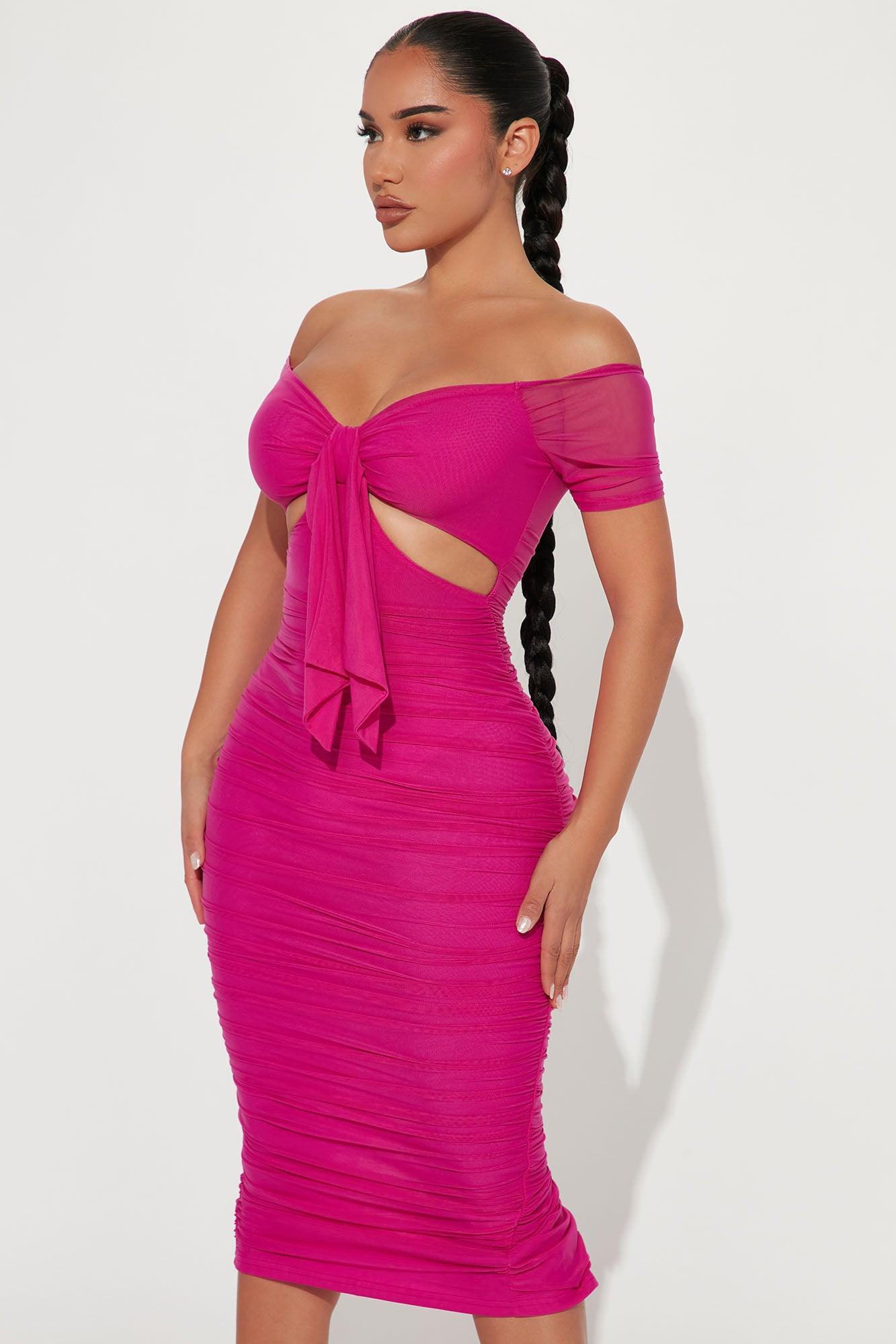 Simple And Sweet Mesh Ruched Dress - Fuchsia Product Image