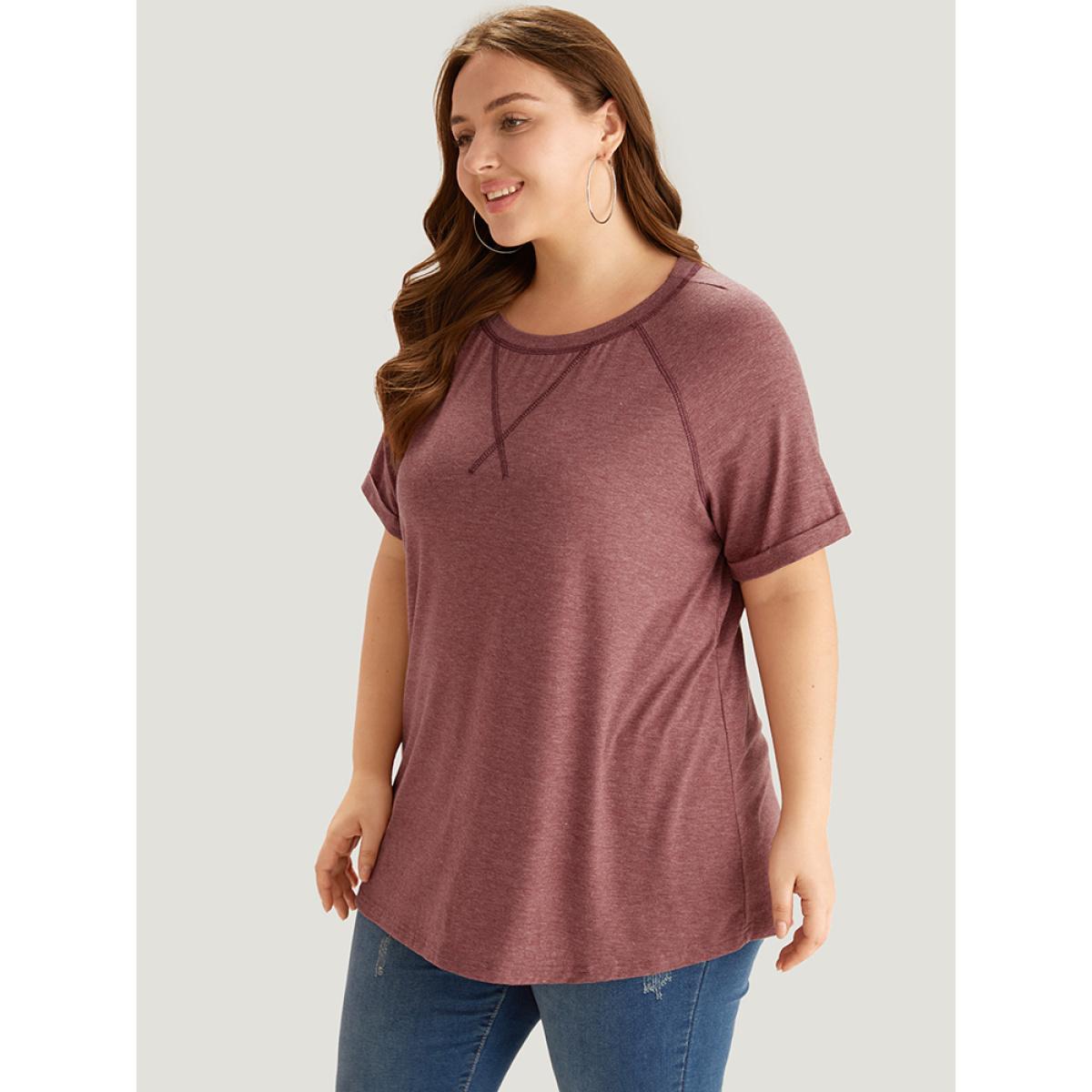 Plus Size Plain Crew Neck Stitch Roll Sleeve T-shirt Rust Women Casual Plain Plain Round Neck Dailywear T-shirts BloomChic 12/L Product Image