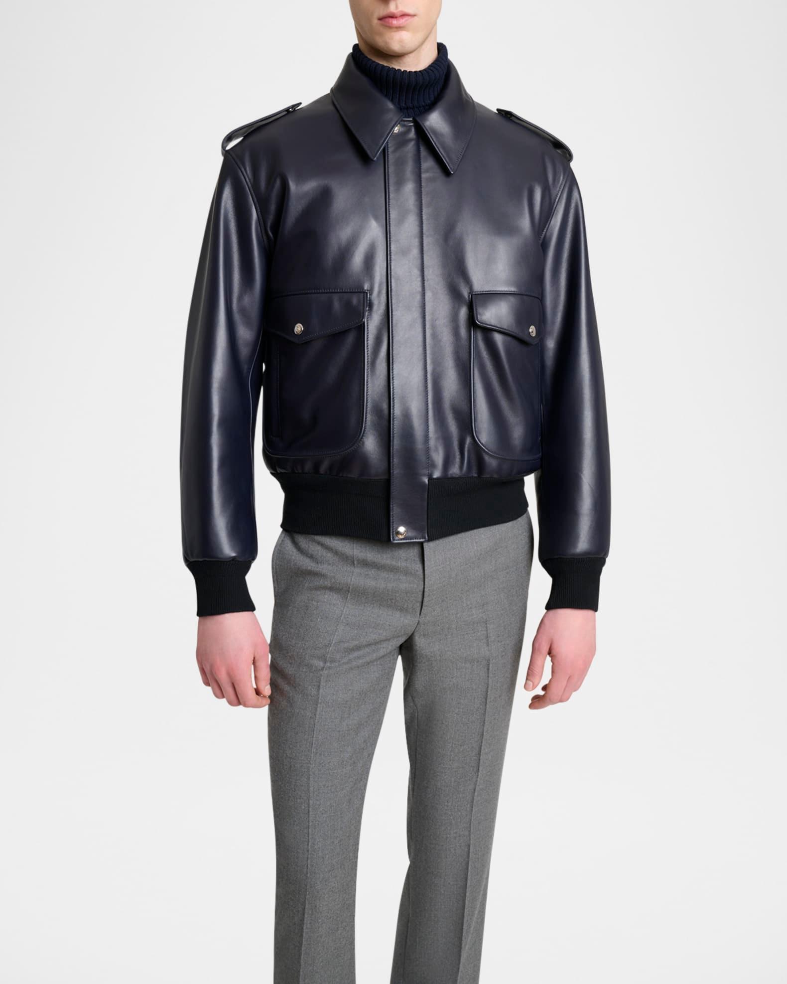 Men's Leather Concealed-Zip Bomber Jacket Product Image